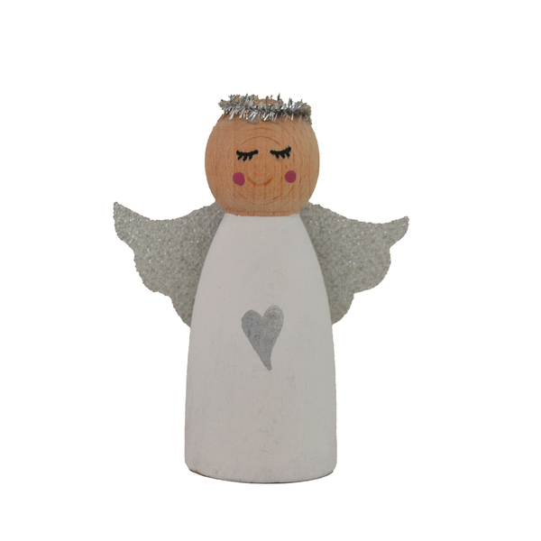 Φύλακας άγγελος σε ξύλινη φιγούρα, ζωγραφισμένος στο χέρι με ακρυλικά χρώματα και στολισμένος με ασημένια φτερά - συνολικό ύψος 9 εκατοστά - ξύλο, διακοσμητικά, χριστουγεννιάτικα δώρα, αγγελάκι