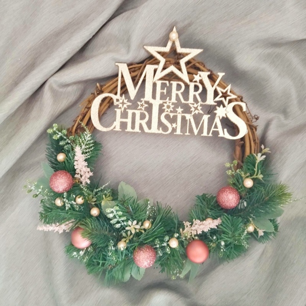 Χειροποίητο Χριστουγεννιάτικο ξύλινο στεφάνι με επιγραφή "Merry Christmas" - ξύλο, στεφάνια, διακοσμητικά - 2