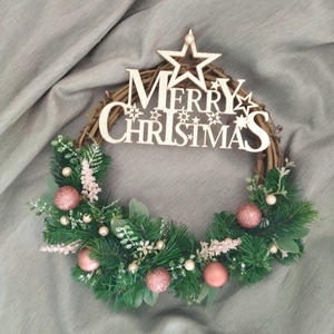 Χειροποίητο Χριστουγεννιάτικο ξύλινο στεφάνι με επιγραφή "Merry Christmas" - ξύλο, στεφάνια, διακοσμητικά