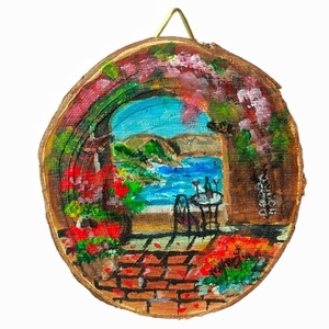 Ξύλινο στολίδι κρεμαστό ζωγραφισμένο στο χέρι με νησιώτικο τοπίο. Διαστάσεις 7*7 εκ. - ζωγραφισμένα στο χέρι, στολίδι, διακοσμητικά