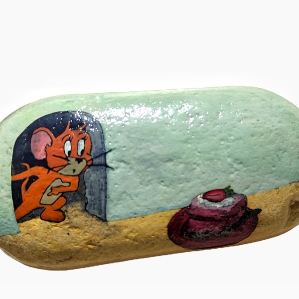 Γάτα και ποντίκι ζωγραφική σε διακοσμητική πέτρα. Διαστάσεις 13*5 εκ. - πέτρα, διακοσμητικά, διακοσμητικές πέτρες, επιτραπέζιο διακοσμητικό, ήρωες κινουμένων σχεδίων, ζωάκια - 2