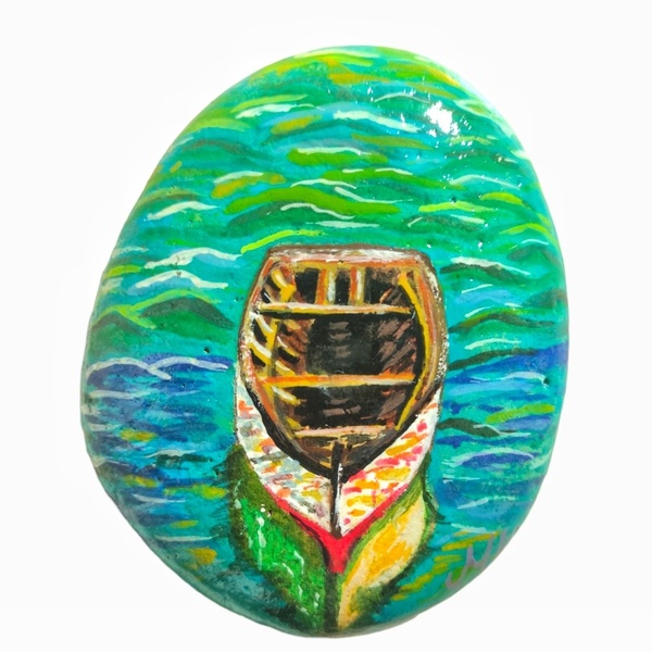 Βάρκα ζωγραφισμένη στο χέρι σε πέτρα. Διαστάσεις 8*6 εκ. - πέτρα, καράβι, θάλασσα, διακοσμητικές πέτρες