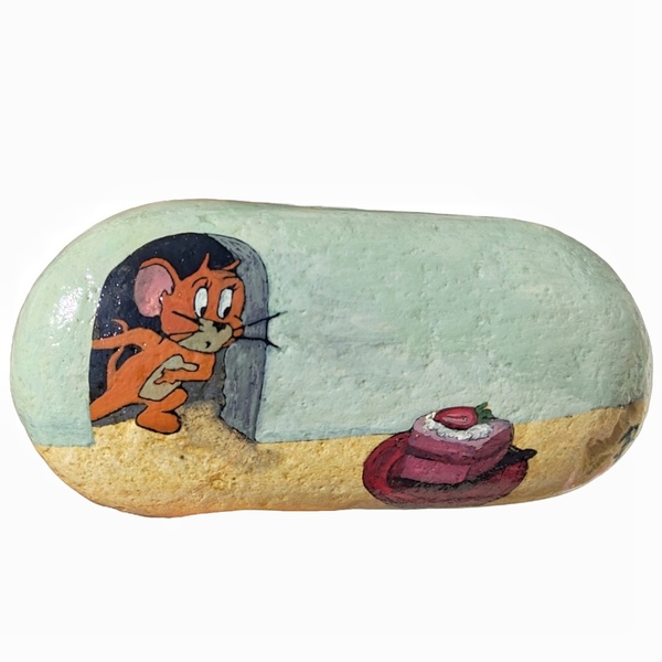 Γάτα και ποντίκι ζωγραφική σε διακοσμητική πέτρα. Διαστάσεις 13*5 εκ. - πέτρα, διακοσμητικά, διακοσμητικές πέτρες, επιτραπέζιο διακοσμητικό, ήρωες κινουμένων σχεδίων, ζωάκια