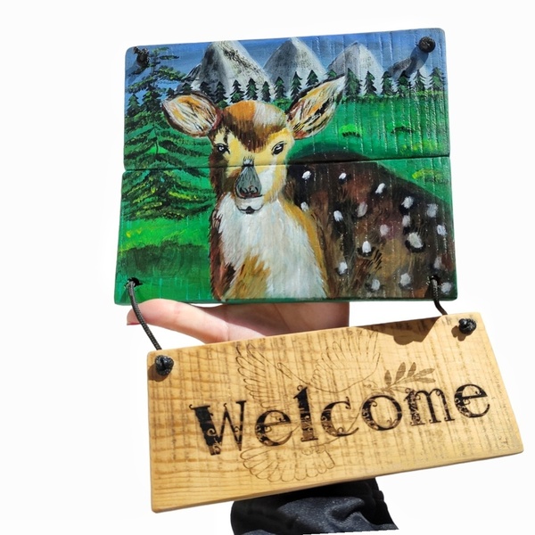 Ξύλινη πινακίδα Welcome ζωγραφισμένη στο χέρι. Ελάφι ζωγραφισμένο 21*31 εκ. - πίνακες & κάδρα, πίνακες ζωγραφικής - 3