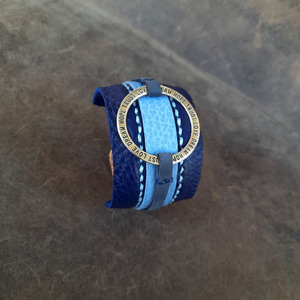 Φαρδύ Γυναικείο Δερμάτινο Βραχιόλι Μπλε, 20 Χ 5 εκ - δέρμα, επάργυρα, χεριού, φαρδιά - 2