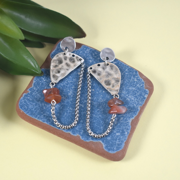 Σκουλαρίκια επαργυρωμένα με ατσάλινη αλυσίδα - ημιπολύτιμες πέτρες, ορείχαλκος, επάργυρα, κρεμαστά, καρφάκι - 2