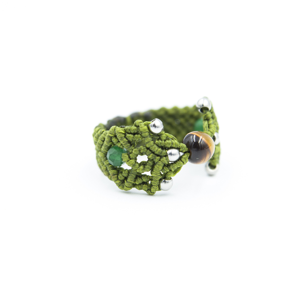Πράσινο μακραμέ δαχτυλίδι για το μεγάλο δάχτυλο, με Μάτι της Τίγρης. - ημιπολύτιμες πέτρες, μακραμέ, μάτι, boho, σταθερά - 2