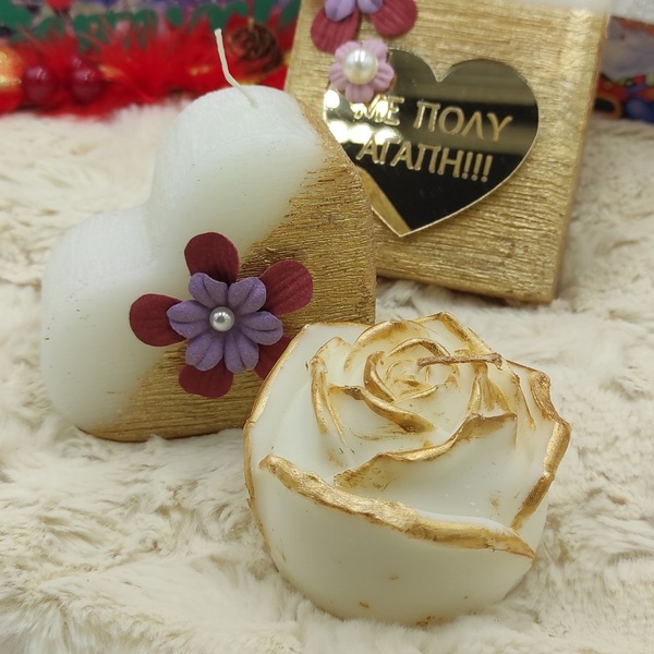 Σετ 3 αρωματικών κεριών σε σχήματα σπιτιού, καρδιάς και τριαντάφυλλου, με λουλούδια και πλεέξιγκλας καρδιά - σπίτι, plexi glass, χριστουγεννιάτικα δώρα, κεριά, γούρια - 4