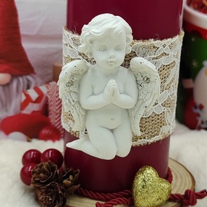 Διακοσμητικό μπορντό αρωματικό κερί ύψους 12cm σε κορμό ξύλου 9cm , με λευκό αγγελάκι - πηλός, διακοσμητικά, χριστουγεννιάτικα δώρα, κεριά, αγγελάκι - 3