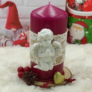 Διακοσμητικό μπορντό αρωματικό κερί ύψους 12cm σε κορμό ξύλου 9cm , με λευκό αγγελάκι - πηλός, διακοσμητικά, χριστουγεννιάτικα δώρα, κεριά, αγγελάκι - 2