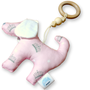 Μασητικός ξύλινος κρίκος με υφασμάτινο παιχνίδι σκυλάκι ροζ με σχέδιο κορόνες για βρέφη απο 0+ ετών/Με υποαλλεργικό γέμισμα/Διαστάσεις 30×18 εκ. - κορίτσι, αγόρι, βρεφικά, μασητικά μωρού - 2