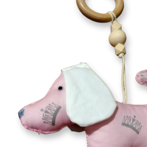 Μασητικός ξύλινος κρίκος με υφασμάτινο παιχνίδι σκυλάκι ροζ με σχέδιο κορόνες για βρέφη απο 0+ ετών/Με υποαλλεργικό γέμισμα/Διαστάσεις 30×18 εκ. - κορίτσι, αγόρι, βρεφικά, μασητικά μωρού - 3