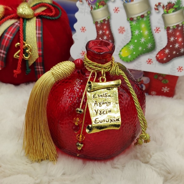 Επιτραπέζιο γούρι γυάλινο ρόδι 11cm με χρυσή φούντα, κρυσταλλάκια, μεταλλικό στοιχείο πάπυρος - γυαλί, ρόδι, χριστουγεννιάτικα δώρα, γούρια, γούρι 2023 - 4