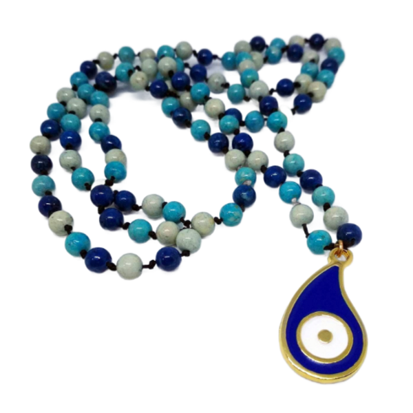 Κολιέ Ματάκι - ημιπολύτιμες πέτρες, κορδόνια, ματάκια, μπλε χάντρα
