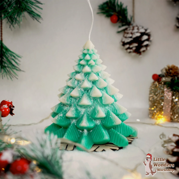 Χειροποίητο Φυτικό Αρωματικό κερί Σόγιας σε σχήμα Χριστουγεννιάτικου Χιονισμένου Δέντρου με Δώρο Ξύλινη Βάση, 13Χ13εκ. - χριστουγεννιάτικο, χριστουγεννιάτικο δέντρο, αρωματικά κεριά, χριστουγεννιάτικα δώρα, κερί σόγιας, κεριά & κηροπήγια - 2