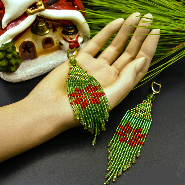 Χριστουγεννιάτικα κρεμαστά σκουλαρίκια από γυάλινες χάντρες -13x3εκ. - γυαλί, κοσμήματα, δέντρο - 4