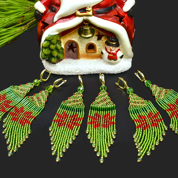 Χριστουγεννιάτικα κρεμαστά σκουλαρίκια από γυάλινες χάντρες -13x3εκ. - γυαλί, κοσμήματα, δέντρο - 5