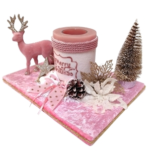 Επιτραπέζιο χριστουγεννιάτικο διακοσμητικό με κερί και στολίδια ροζ-λευκό-χρυσό 26×19×15cm - ύφασμα, διακοσμητικά, χριστουγεννιάτικα δώρα