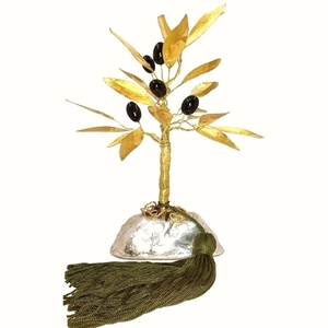 διακοσμητικό δέντρο ελιά από χρυσό μέταλλο και μαύρες πορσελάνινες ελιές 20Χ16Χ12 - μέταλλο, πορσελάνη, διακοσμητικά
