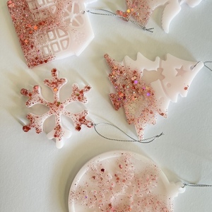 Χριστουγεννιάτικα στολίδια white pink glitter - γυαλί, χιονονιφάδα, αγγελάκι, στολίδια, δέντρο