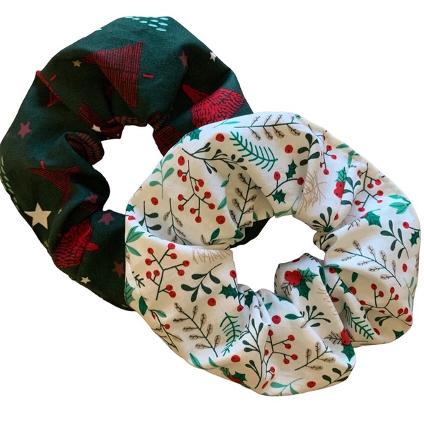 Σετ 2 χριστουγεννιάτικα scrunchies - Έλατο & γκι - ύφασμα, αξεσουάρ, για τα μαλλιά, μεγάλα scrunchies