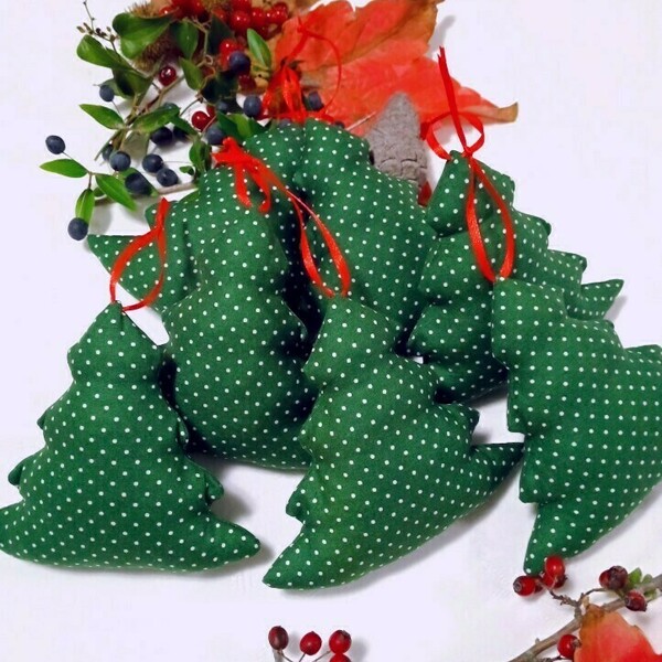Xριστουγεννιάτικο υφασμάτινο στολιδάκι δέντρο, πράσινο πουά - ύφασμα, στολίδια, δέντρο - 3