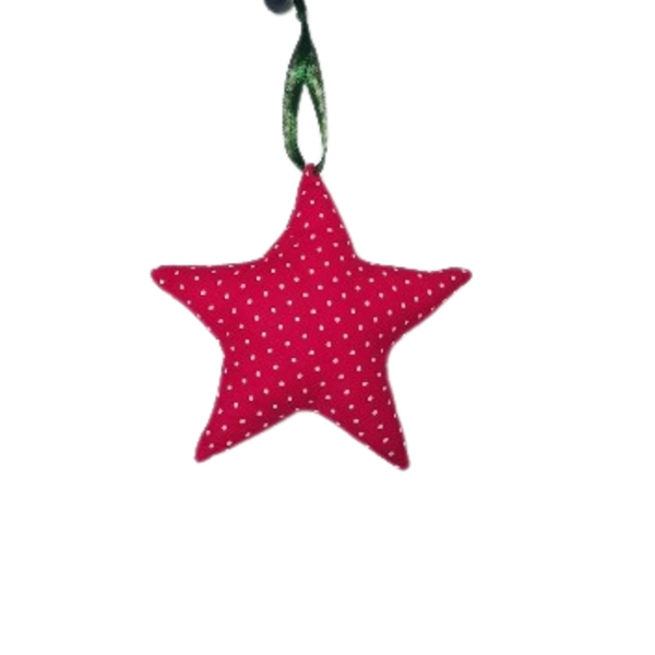 Xριστουγεννιάτικο υφασμάτινο στολιδάκι αστέρι, κόκκινο πουά - ύφασμα, αστέρι, στολίδια