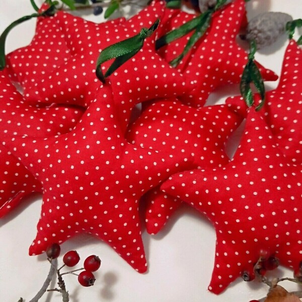 Xριστουγεννιάτικο υφασμάτινο στολιδάκι αστέρι, κόκκινο πουά - ύφασμα, αστέρι, στολίδια - 3