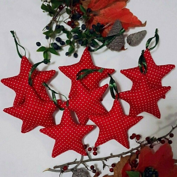 Xριστουγεννιάτικο υφασμάτινο στολιδάκι αστέρι, κόκκινο πουά - ύφασμα, αστέρι, στολίδια - 4