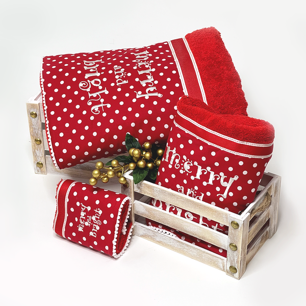 Σετ Χειροποίητες Βαμβακερές Πετσέτες «Merry and Bright» 3 τεμαχίων - Christmas Props - ύφασμα, λευκά είδη, χριστουγεννιάτικα δώρα, πετσέτες - 2
