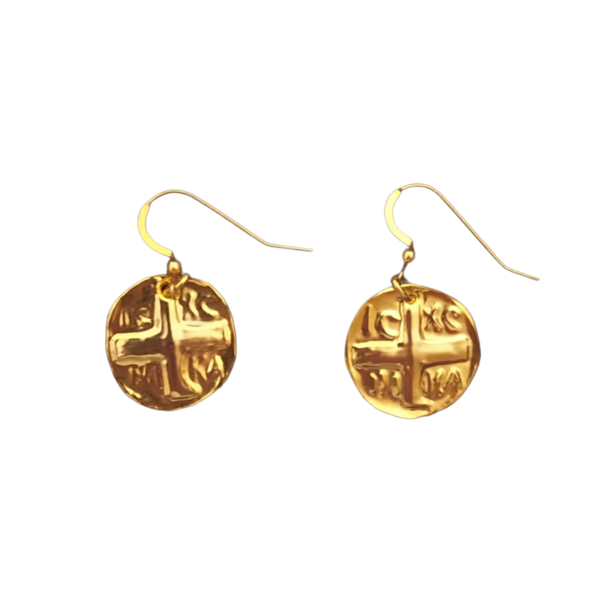 Σκουλαρίκια χρυσά Βυζαντινο απεικονίζεται η φράση IC-XC NIKA - επιχρυσωμένα, φλουρί