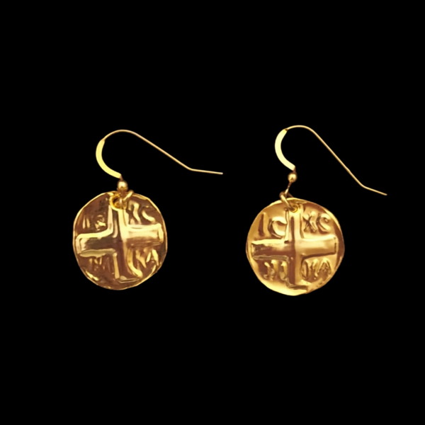 Σκουλαρίκια χρυσά Βυζαντινο απεικονίζεται η φράση IC-XC NIKA - επιχρυσωμένα, φλουρί - 3