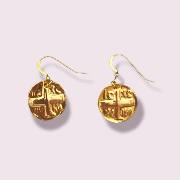 Σκουλαρίκια χρυσά Βυζαντινο απεικονίζεται η φράση IC-XC NIKA - επιχρυσωμένα, φλουρί - 4