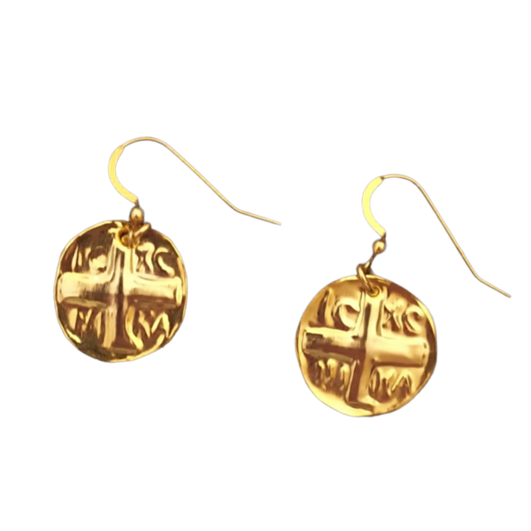 Σκουλαρίκια χρυσά Βυζαντινο απεικονίζεται η φράση IC-XC NIKA - επιχρυσωμένα, φλουρί - 2
