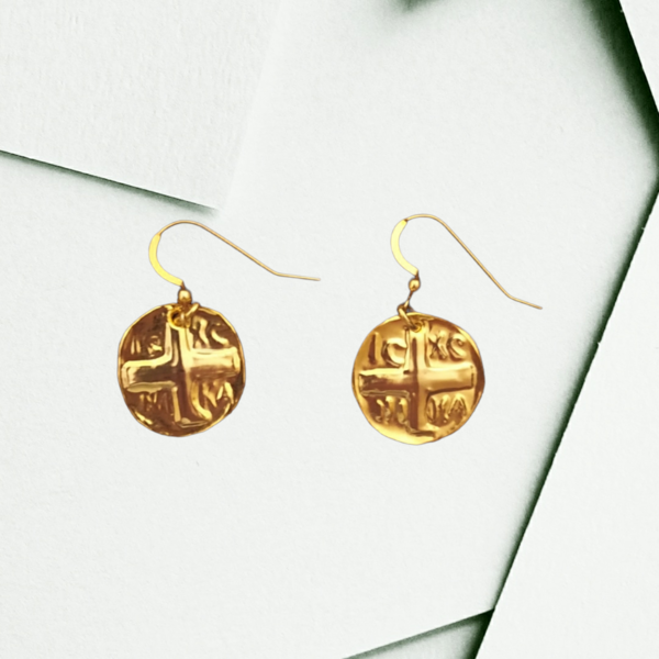 Σκουλαρίκια χρυσά Βυζαντινο απεικονίζεται η φράση IC-XC NIKA - επιχρυσωμένα, φλουρί - 5