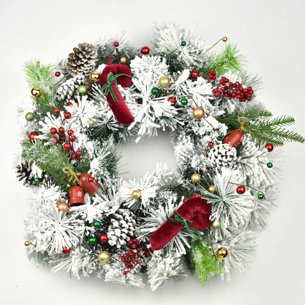 Χιονισμένο χριστουγεννιάτικο στεφάνι / Διάμετρος 55-60εκ, κόκκινα στολίδια - στεφάνια, plexi glass, ρόδι, διακοσμητικά
