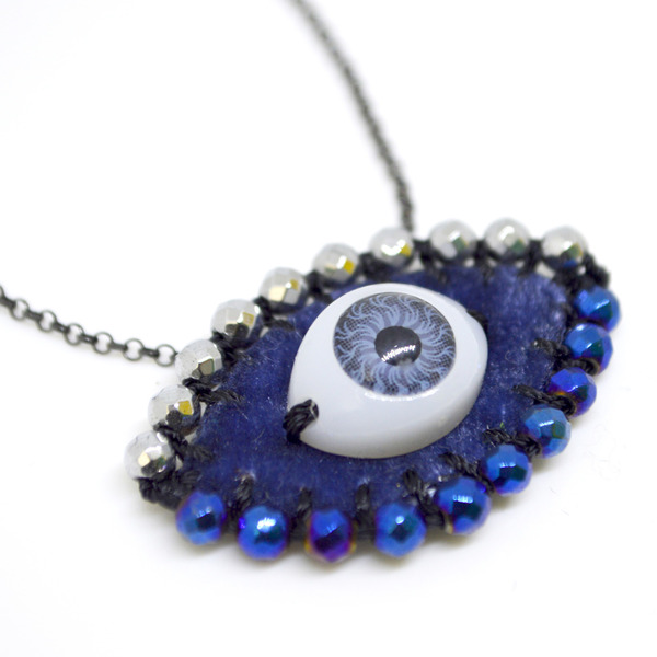 Κολιέ αλυσίδα κεντητό μπλε evil eye με ημιπολύτιμες πέτρες - ημιπολύτιμες πέτρες, ασήμι 925, μάτι, μενταγιόν
