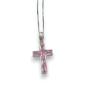 Σταυρός με ροζ κουάρτζ πέτρες - ασήμι 925, σταυρός, κοντά, μενταγιόν