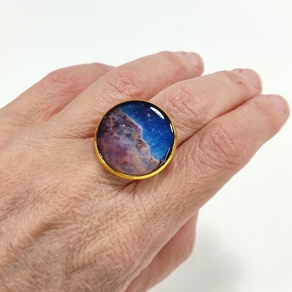 Επίχρυσο δαχτυλίδι με εικόνα από το διάστημα - επιχρυσωμένα, γεωμετρικά σχέδια, μπρούντζος, μεγάλα, αυξομειούμενα - 2