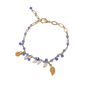 Γαλάζιο βραχιόλι αλυσίδα με μαργαριτάρια και charms - charms, μαργαριτάρι, επιχρυσωμένα, λουλούδι, σταθερά