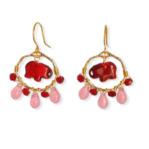 Σκουλαρίκια με κόκκινο ελεφαντάκι χαολίτη και ροζ σταγόνες - ημιπολύτιμες πέτρες, χάντρες, ελεφαντάκι, κρεμαστά