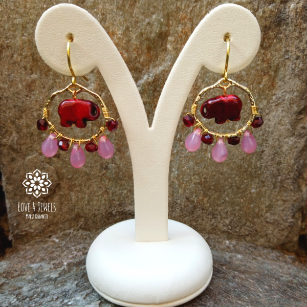 Σκουλαρίκια με κόκκινο ελεφαντάκι χαολίτη και ροζ σταγόνες - ημιπολύτιμες πέτρες, χάντρες, ελεφαντάκι, κρεμαστά - 2
