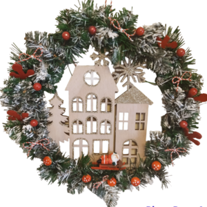 Ξύλινο χριστουγεννιάτικο στεφάνι με σπιτάκια - ξύλο, στεφάνια, διακοσμητικά, άγιος βασίλης, δέντρο - 3