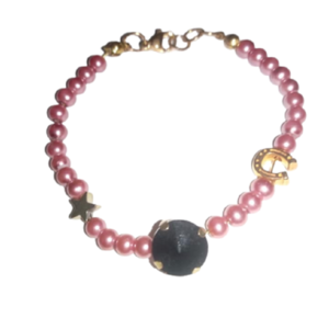 Χειροποιητο Βραχιολι Γουρι 2023 με ροζ περλες -μαυρο κρυσταλλο και ατσαλινα πεταλο και αστερακι.Ατσαλινο κουμπωμα - αστέρι, μέταλλο, κοσμήματα, πέρλες, Black Friday