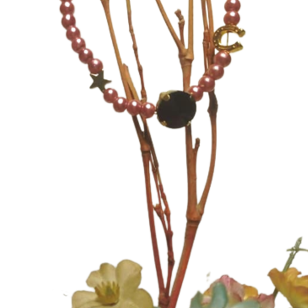 Χειροποιητο Βραχιολι Γουρι 2023 με ροζ περλες -μαυρο κρυσταλλο και ατσαλινα πεταλο και αστερακι.Ατσαλινο κουμπωμα - μέταλλο, κοσμήματα, πέρλες, δασκάλα, χριστουγεννιάτικα δώρα - 3
