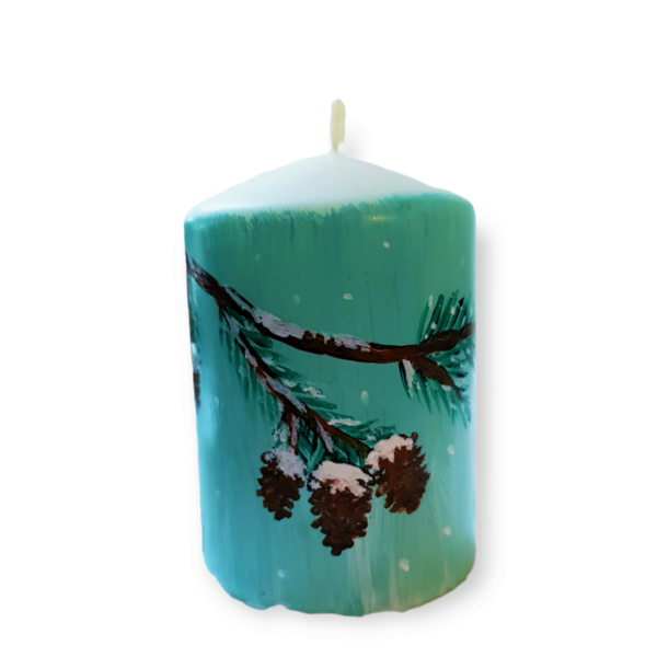 Κερί με κλαδιά με κουκουνάρες /7,5χ5 πολύ μικρό/ ζωγραφισμένο/ χειροποίητο - χαρτί, κουκουνάρι, χριστουγεννιάτικα δώρα, κεριά & κηροπήγια - 4