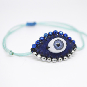 Βραχιόλι κεντητό evil eye μπλε με ημιπολύτιμες πέτρες - ημιπολύτιμες πέτρες, μακραμέ, μάτι, boho, αυξομειούμενα