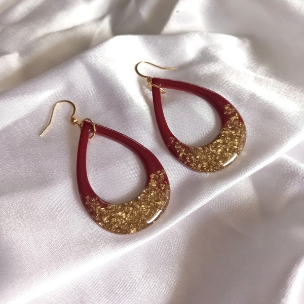 Σκουλαρίκια από υγρό γυαλί σε μπορντό χρώμα με χρυσά σπασμένα γυαλιά - στρας, γυαλί, ατσάλι, κρεμαστά, γάντζος - 2