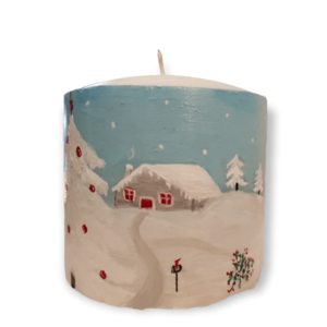 Κερί με χιονισμένο αγρόκτημα /10χ10 /πολύ μεγάλο/ ζωγραφισμένο/ χειροποίητο - χαρτί, χιονονιφάδα, χριστουγεννιάτικα δώρα, κεριά & κηροπήγια - 2