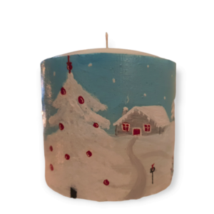 Κερί με χιονισμένο αγρόκτημα /10χ10 /πολύ μεγάλο/ ζωγραφισμένο/ χειροποίητο - χαρτί, χιονονιφάδα, χριστουγεννιάτικα δώρα, κεριά & κηροπήγια - 4